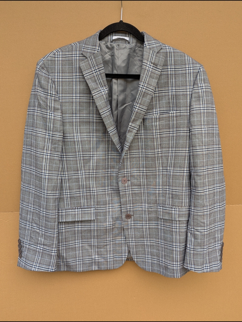 Bar III Men's Slim Fit Gray Blue Plaid Two-Button Blazer Suit Jacket 44R Classic